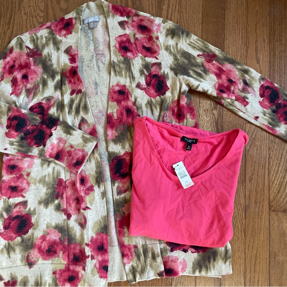 J Jill Open Floral Cardigan Sweater & New Talbots Top ~ XS
